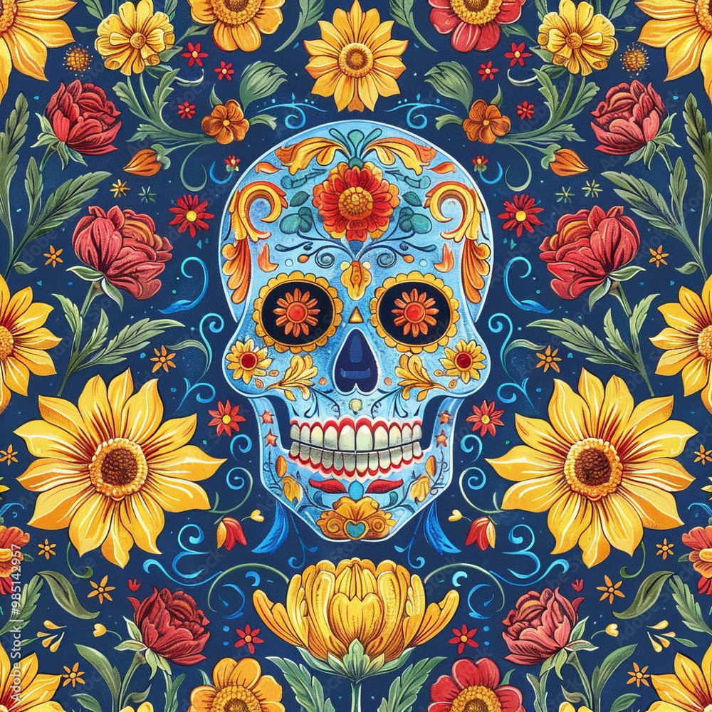 Festive Dia De Muertos pattern background with flowers Festive Dia De Muertos pattern background with flowers