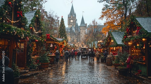 Fototapeta Naklejka Na Ścianę i Meble -  A bustling cobblestone street lined with charming Victorian-style shops and homes, decorated with wreaths and garlands, carolers singing under gas lamps, and horse-drawn carriages passing by.