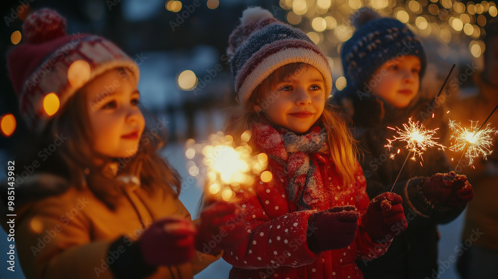 Happy children playing with sparklers at a festive outdoor celebration, their faces lit up with excitement and joy, creating a magical holiday moment. Happy children playing with sparklers at a festive outdoor celebration, their faces lit up with excitement and joy, creating a magical holiday moment.