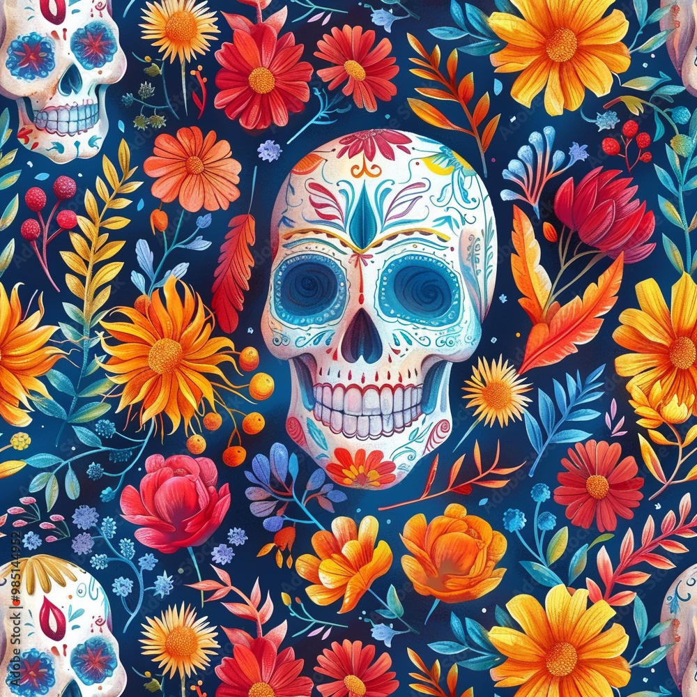 Festive Dia De Muertos pattern background with flowers Festive Dia De Muertos pattern background with flowers