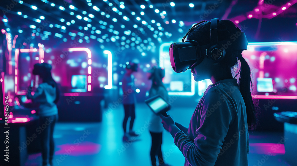 Children immersed in a virtual reality experience during a futuristic party, wearing VR headsets, surrounded by vibrant lights and playful decor. Children immersed in a virtual reality experience during a futuristic party, wearing VR headsets, surrounded by vibrant lights and playful decor.