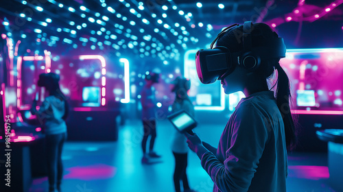 Children immersed in a virtual reality experience during a futuristic party, wearing VR headsets, surrounded by vibrant lights and playful decor.