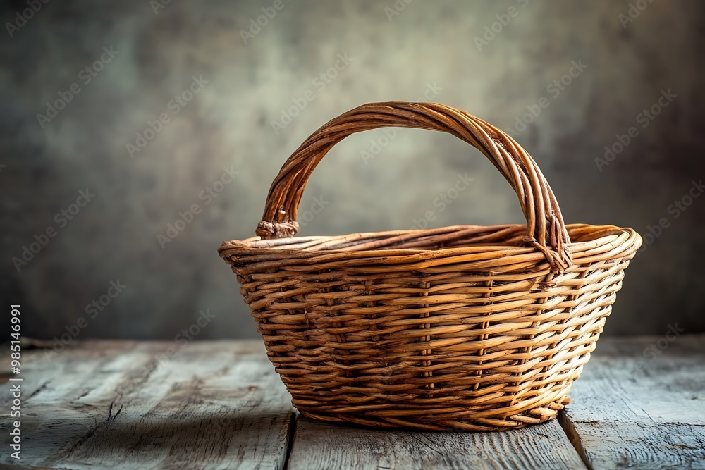 Empty wicker basket on rustic wooden table. Rustic decor for food photography and market scene