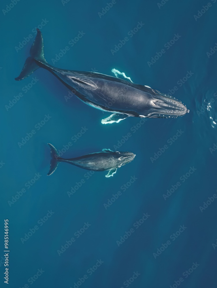 Naklejka premium Aerial top view of a whale and its baby swimming in deep blue seawater. Mother whale and calf swim together in ocean. Humpback whales in natural habitat. Tropical marine life scene.