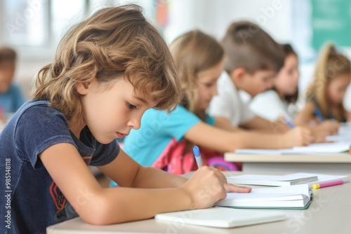 Children homework at school. African American boy, Caucasian girl study at desk. Elementary school students work together, learn, develop communication skills. Educational setting with laptop, book,