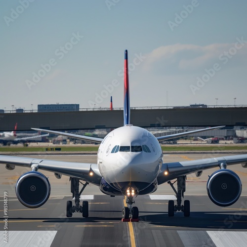 Commercial airliner, Delta Airlines plane, lands at Boston airport. Jet taxis on runway, awaiting takeoff. Passenger aircraft, white wing, soars in sky. Travel, transportation, and journey concepts.