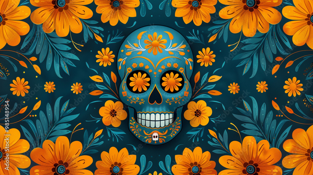 Festive Dia De Muertos pattern background with flowers Festive Dia De Muertos pattern background with flowers
