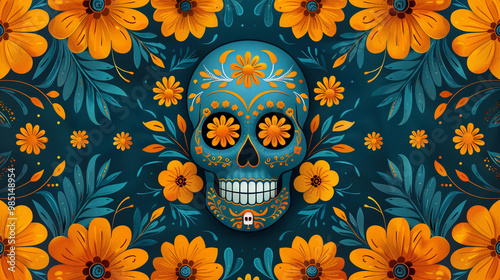 Festive Dia De Muertos pattern background with flowers