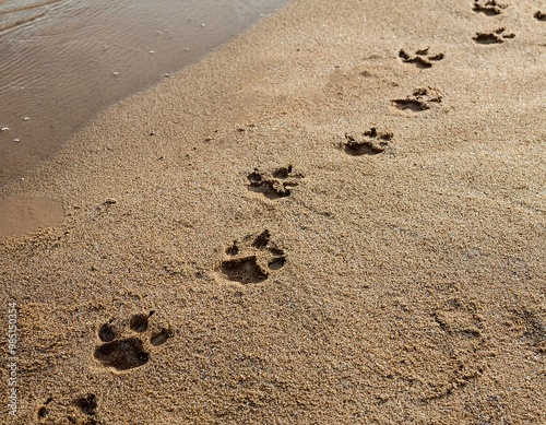 displays the marks of a cat's paw trampled on the sand, with a clear pattern photo