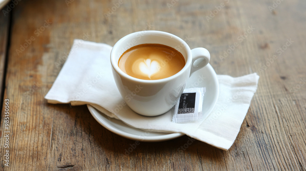 A classic Italian espresso served in a small cup with a saucer and a sugar packet. A classic Italian espresso served in a small cup with a saucer and a sugar packet.