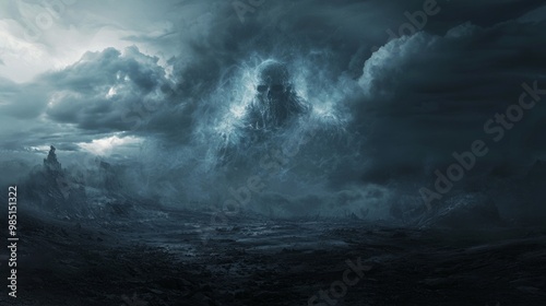 Eerie 3D Visualization of Cursed Spirit Hovering over Dark Battlefield in Stormy Atmosphere