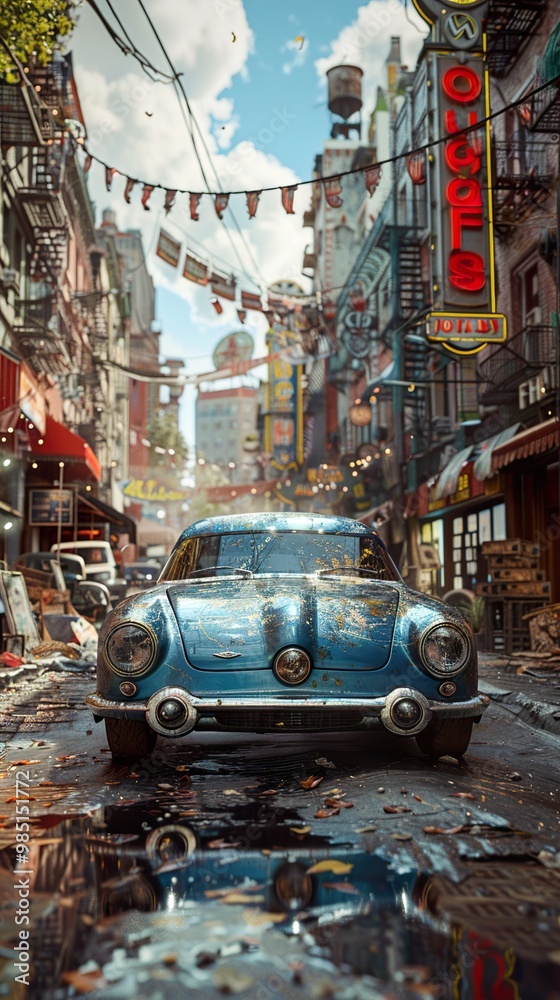 Fototapeta premium Vintage Car Parked in a Retro City Street