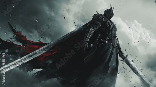 Dark Knight Warrior in the Storm - 3D Render with Massive Sword and Tattered Cape photo