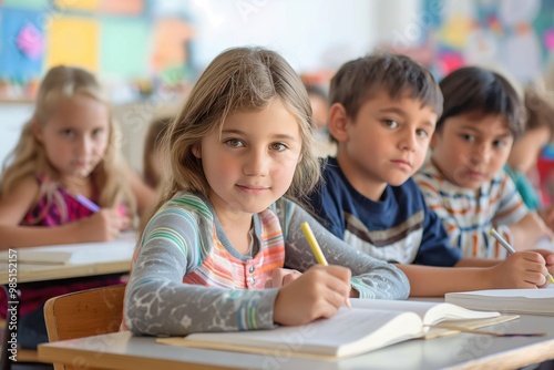 Children do homework at school desk. Boy and girl sit together, using laptop and notebook. Classroom background shows students learning, education, communication.