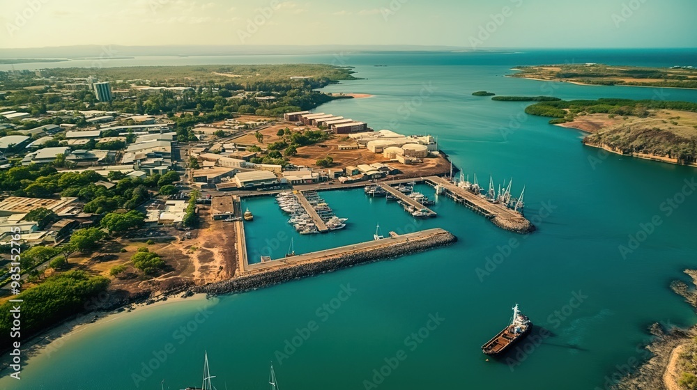 Fototapeta premium Aerial shot of tropical port in northern Australia. Darwin coastline features turquoise waters, tranquil sea, clear blue sky. Boats, ships moored at marina. Scenic view of ocean, surrounding