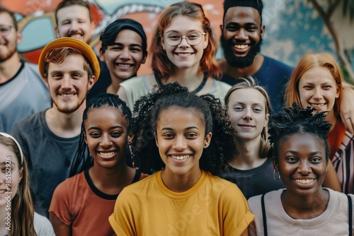 A group of people are standing close together, with some wearing orange shirts, generative ai image