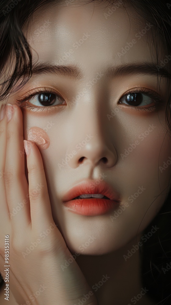 Korean model woman face with dark hair, red lipstick, gentle hand on cheek. Close-up portrait in beauty studio setting with blurred background. Editorial fashion promoting beauty products. Korean model woman face with dark hair, red lipstick, gentle hand on cheek. Close-up portrait in beauty studio setting with blurred background. Editorial fashion promoting beauty products.