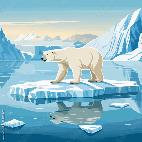 Polar bear on an ice floe. A beautiful polar bear floats on an ice floe against the backdrop of a landscape of large glaciers and icebergs. Vector cartoon illustration