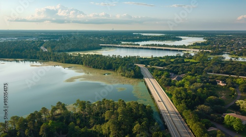 Aerial drone shot of Lake Houston in Kingwood, Texas, USA. Road above lake with surrounding cityscape, skyscrapers in background. Panoramic view of lake, water, nearby houses. Aerial photography wide photo