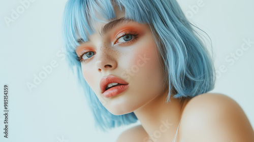 Vibrant Portrait of Model with Blue Bob and Bright Orange Eyeshadow