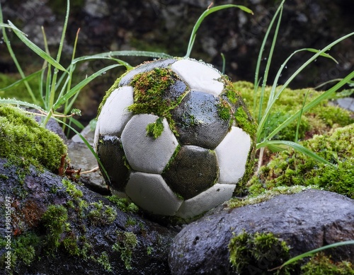 a soccer ball lying on wet rocks with grass growing around it photo