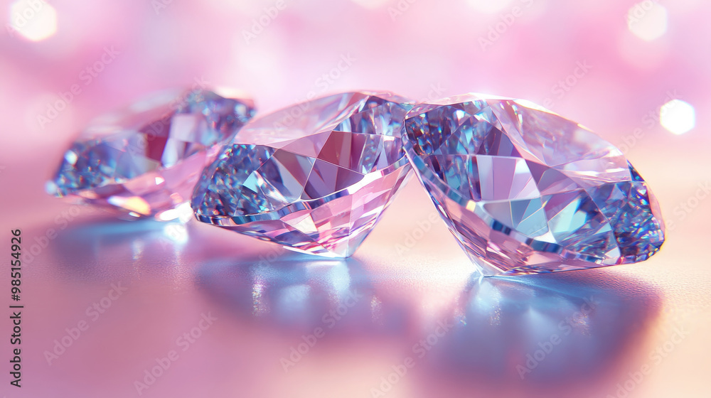 Three blue diamonds are on a pink background. The diamonds are cut and polished, and they are arranged in a way that makes them look like they are standing on top of each other Three blue diamonds are on a pink background. The diamonds are cut and polished, and they are arranged in a way that makes them look like they are standing on top of each other