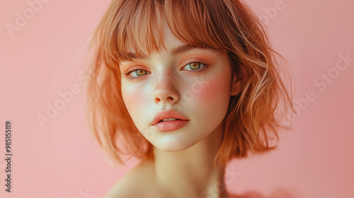 Soft Portrait of a Model with Peach Hair and Freckles Against a Pink Background