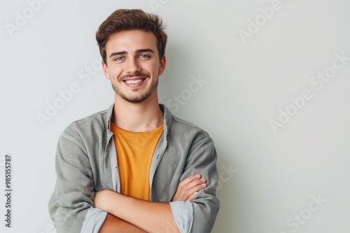 Handsome caucasian male with casual attire, crossed arms, cheerful expression. He is smiling at camera with confidence, positivity. Young adult with blond hair, beard, wearing stylish clothes.