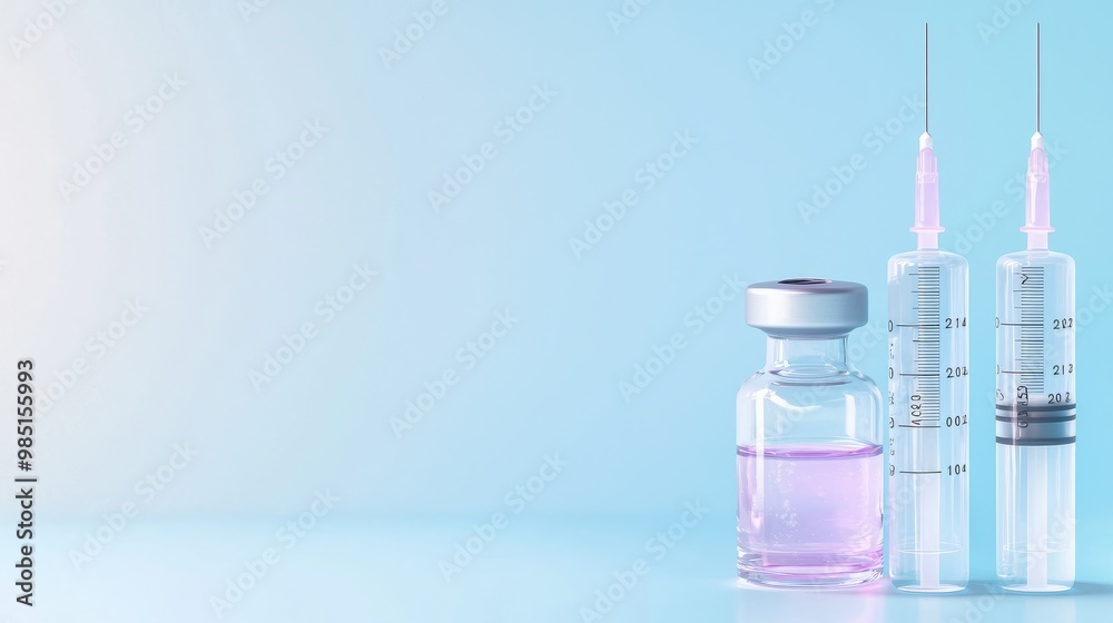 Syringes and vials with a glowing background, blank space for text, 3D illustration copy space for text and logo Syringes and vials with a glowing background, blank space for text, 3D illustration copy space for text and logo