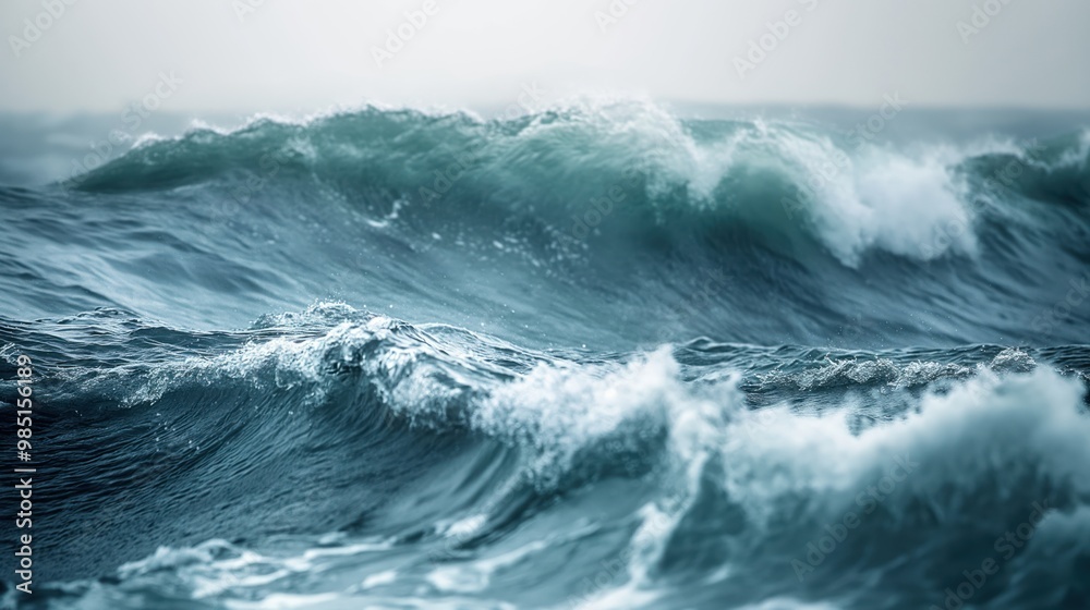 Close-up of rough sea waves crashing against surface. Turbulent water, white foam, and blue ocean background. Stormy weather creates powerful waves, empty beach, no people in sight. Close-up of rough sea waves crashing against surface. Turbulent water, white foam, and blue ocean background. Stormy weather creates powerful waves, empty beach, no people in sight.