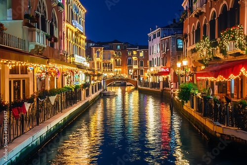 Romantic night in Venice with beautiful lights on the canal and buildings