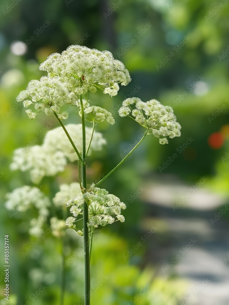 Lovely Angelica Sinensis plant grows in green garden with bright, rich foliage. Angelica plant blooms with delicate flowers against blurred background. Fresh herb thrives in outdoor conditions with