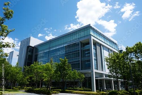 Modern office building with large windows and green trees in front. Concept of business, corporate, finance, success, and innovation.