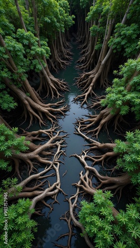 Mysterious mangrove forest with twisting roots and brackish water