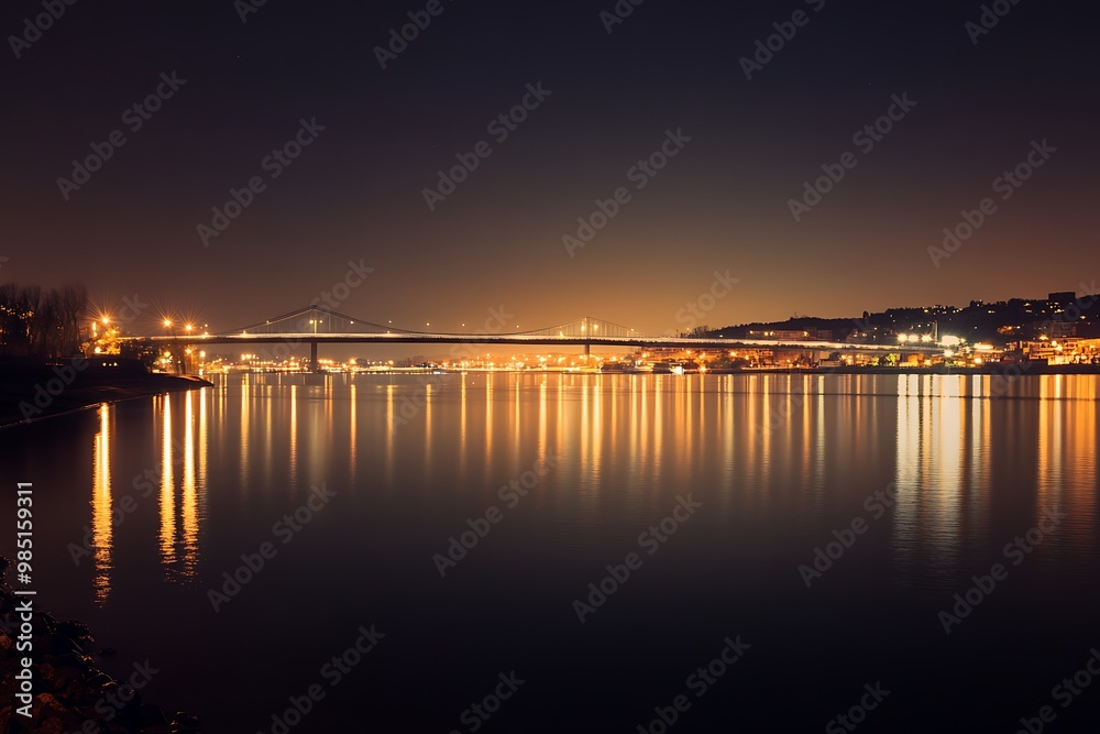 Night cityscape with bridge and reflections in the water Night cityscape with bridge and reflections in the water