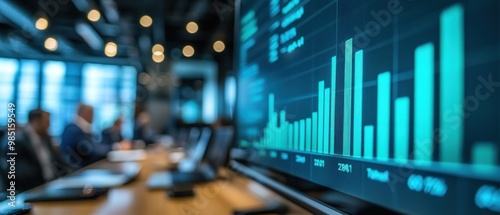 A Blurred View of a Business Meeting with a Bar Graph on a Monitor in the Foreground