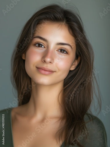 Portrait of a young woman in her mid-twenties with Nakota and Italian heritage. Professional, suitable for acting headshots and casting calls photo