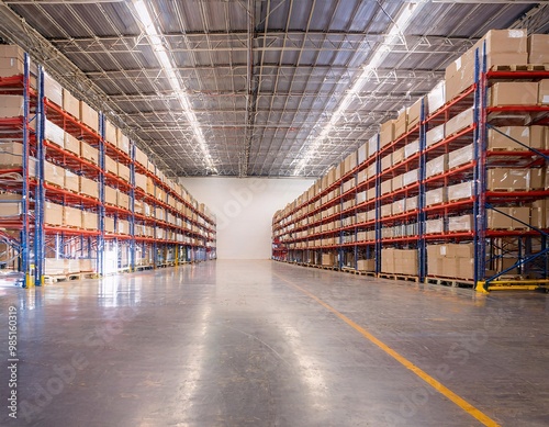 warehouse or distribution center building interior, showing storage shelves, organized products, generative ai photo