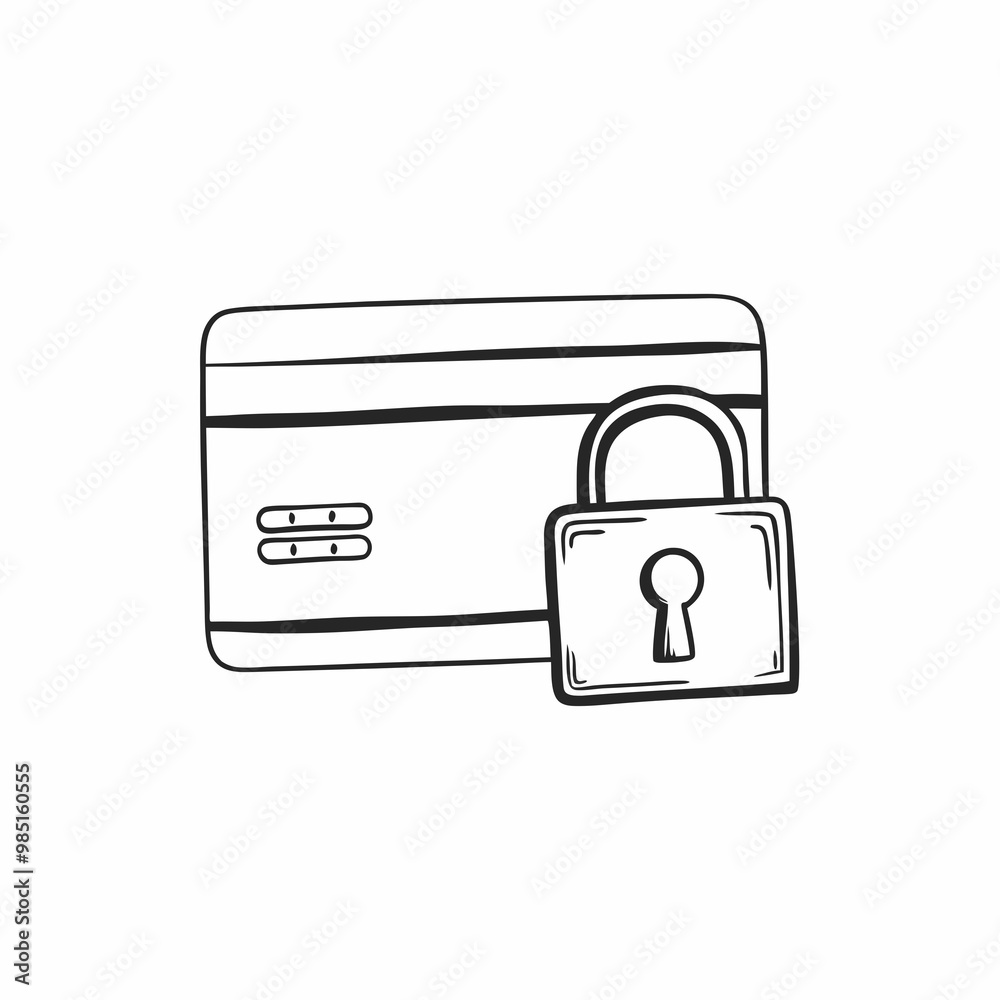Hand-drawn outline of a credit card and padlock symbolizing secure payment Hand-drawn outline of a credit card and padlock symbolizing secure payment