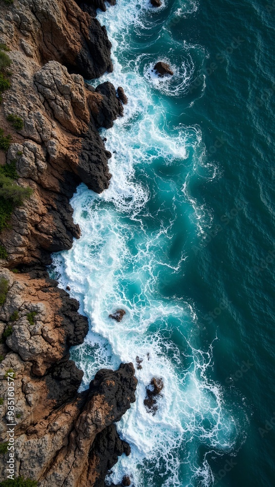 Powerful waves crashing on rocky coastline turquoise waters under blue sky