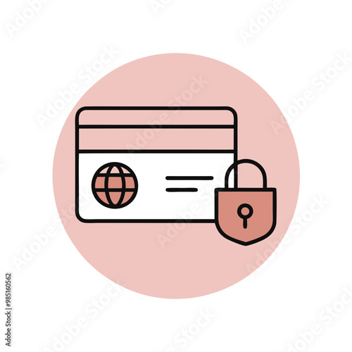 Credit card with a padlock and globe icon on a pink circle background representing secure payment