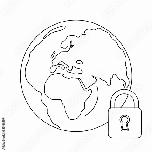 Outline globe with padlock symbolizing global security and data protection