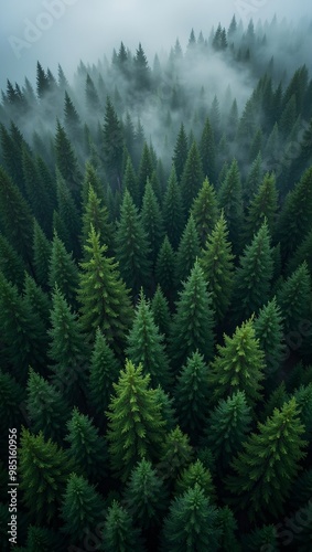 Enchanting pine forest with misty treetops