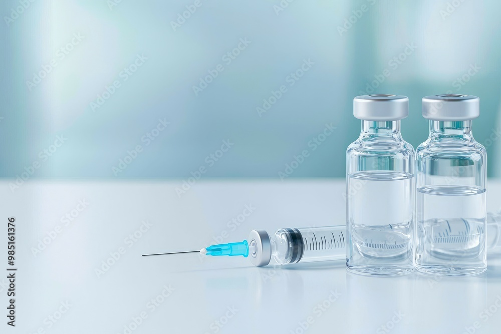 Medicine vials and syringes on a clean table, immunology symbols, 3D illustration copy space for text and logo Medicine vials and syringes on a clean table, immunology symbols, 3D illustration copy space for text and logo