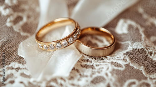 Two gold wedding rings with diamonds on them are on a white lace. The rings are placed on top of each other, creating a sense of unity and love photo