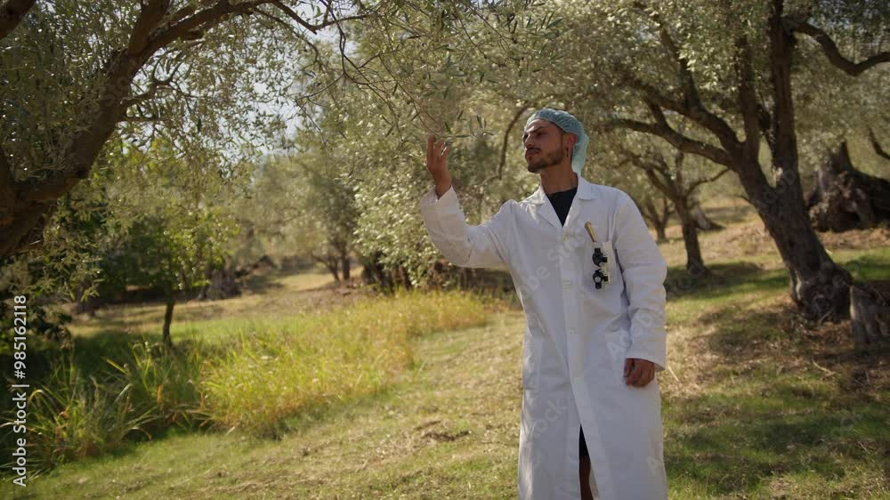 Specialist taking a quality check at a group of olive trees Specialist taking a quality check at a group of olive trees