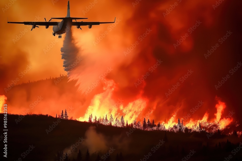 Plane flies above forest fire in Canada. Close-up shot of aircraft soaring over flames engulfing trees. Smoke billows, heat haze distorts, forest landscape scarred. Plane flies above forest fire in Canada. Close-up shot of aircraft soaring over flames engulfing trees. Smoke billows, heat haze distorts, forest landscape scarred.