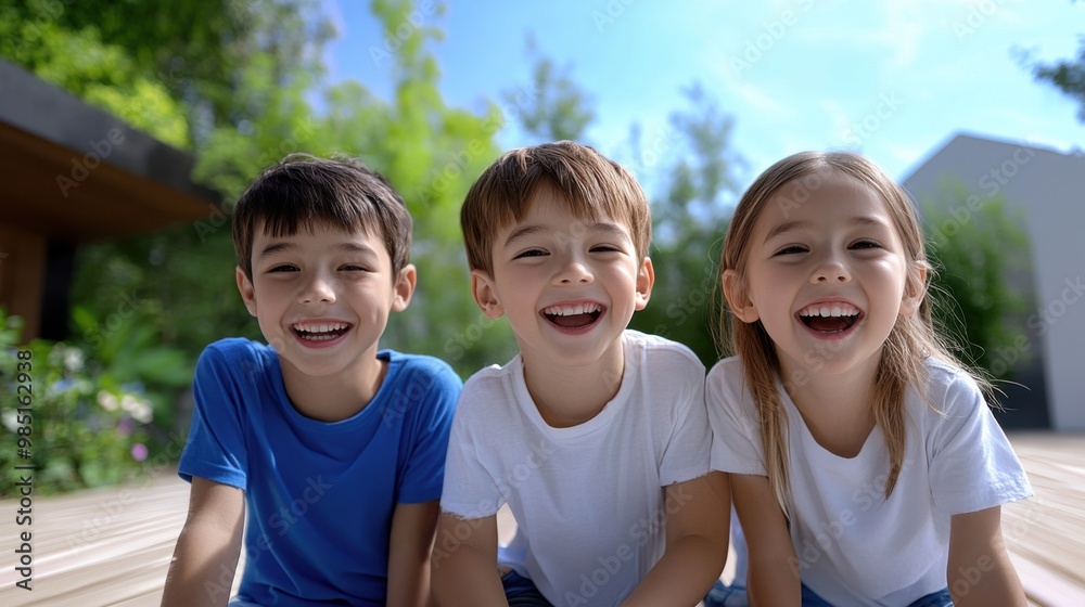Happy Children Smiling Outdoors in Bright Sunshine Happy Children Smiling Outdoors in Bright Sunshine