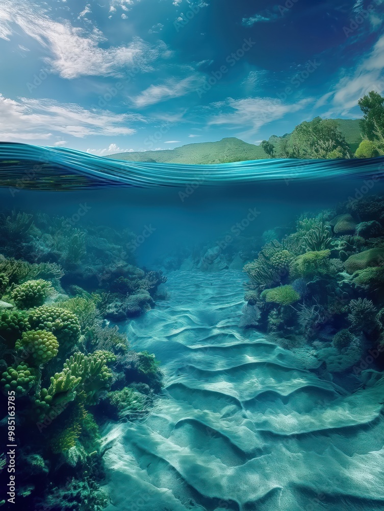 Vertical underwater scene with sandy ocean floor, blue waters and wavy texture. Sunlight shines through the water, illuminating the tranquil marine landscape.