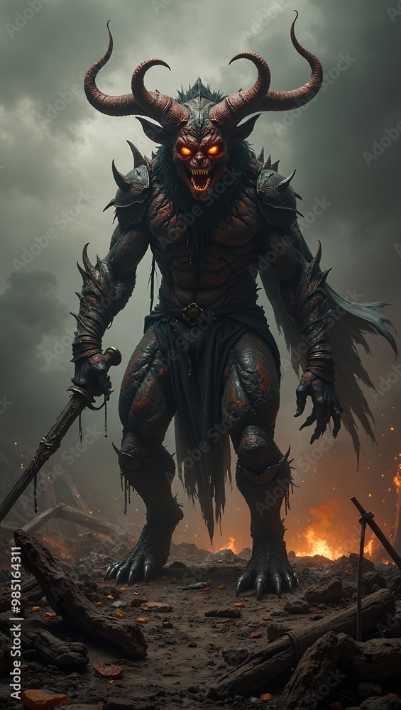 Fototapeta premium Malevolent demon atop ancient battlefield ruins at twilight exuding power and victory
